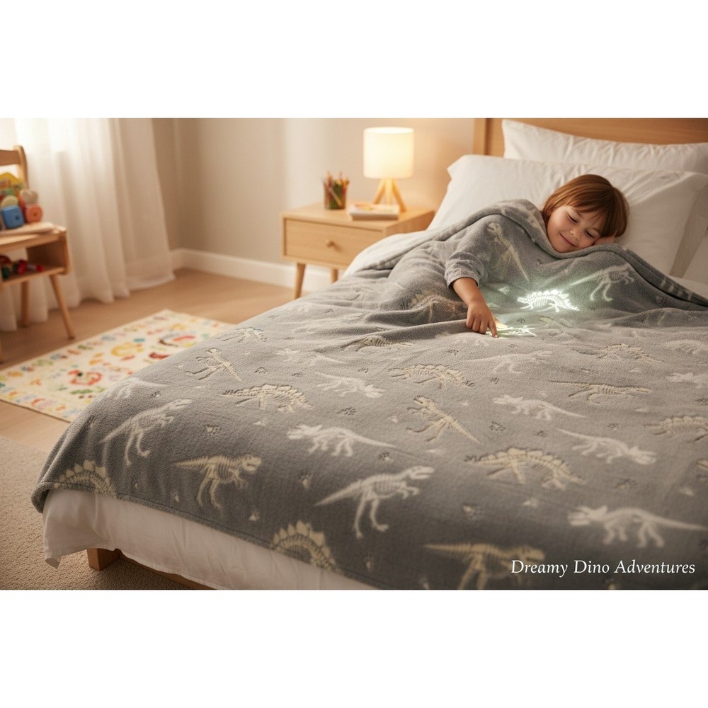 Your Zone Dinosaur Skeleton Glow Blanket Kids 50x72 Gray Very Good Plush Throw